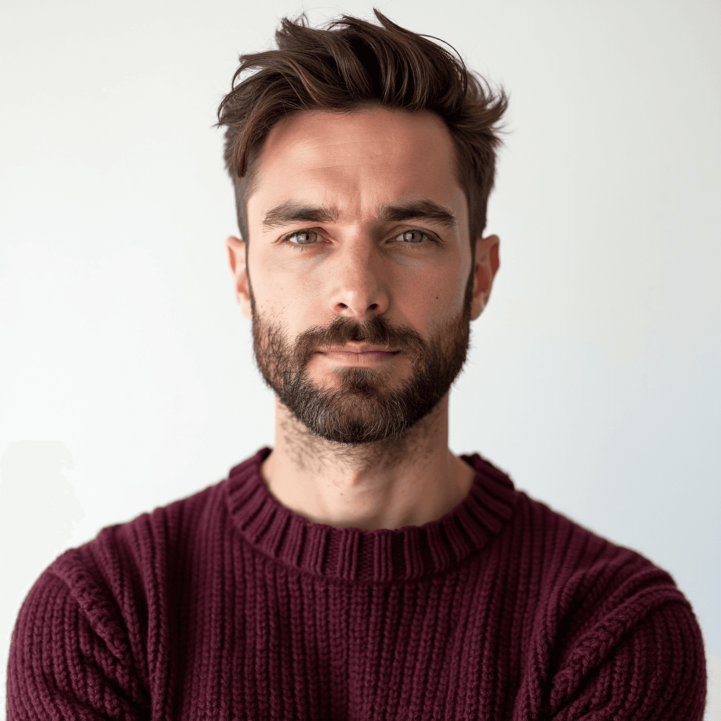 Classic actor headshot in a burgundy pullover for casting portfolios