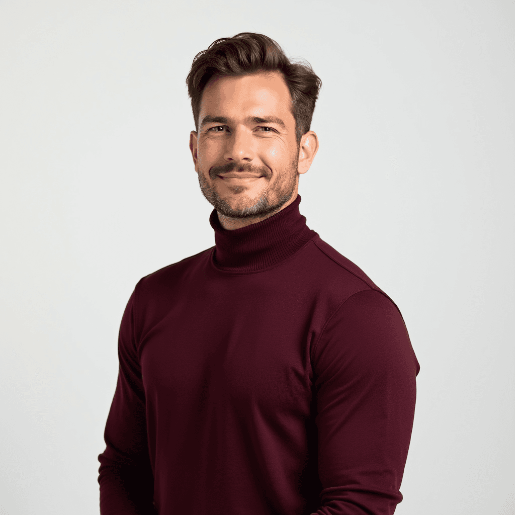 Male professional AI headshot wearing burgundy mock-neck pullover