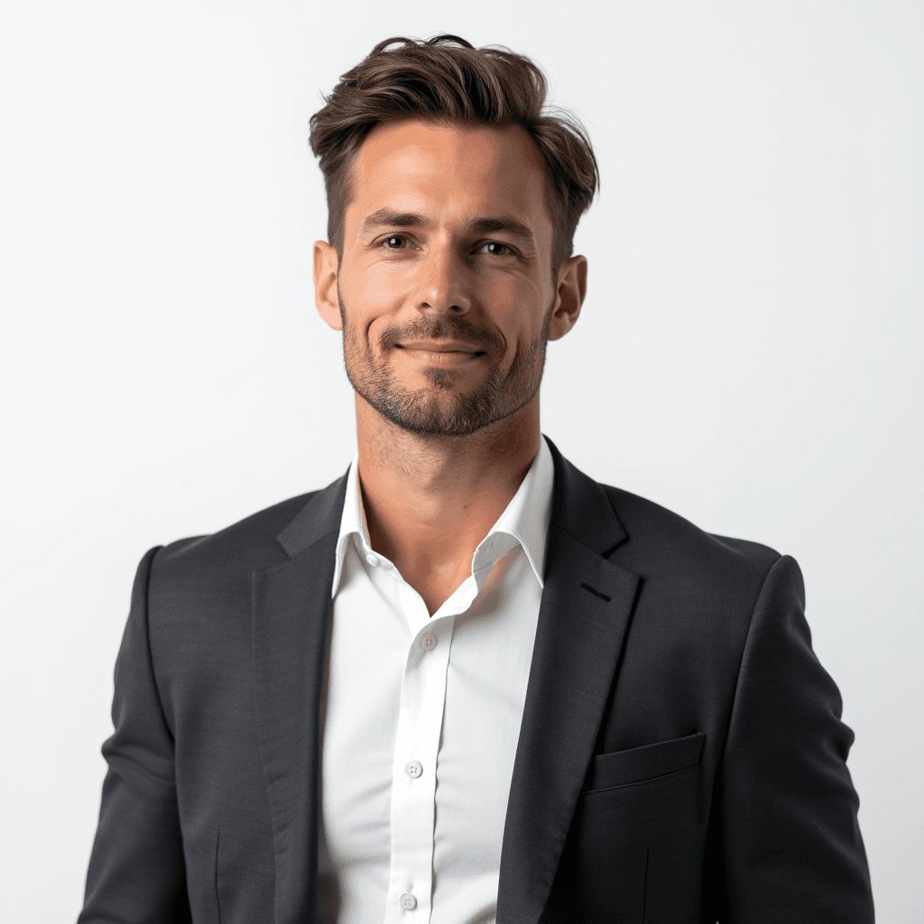 Male professional AI headshot wearing charcoal collarless jacket over white dress shirt