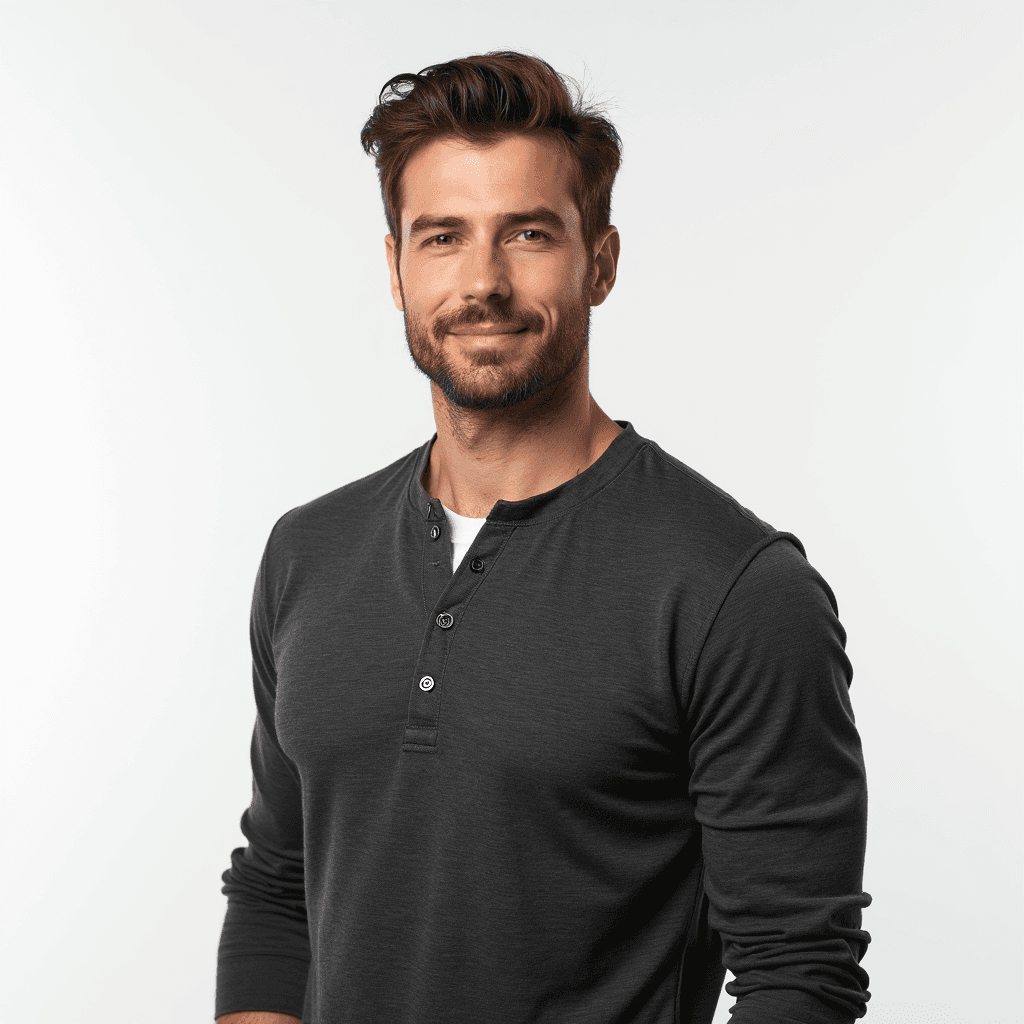 Male professional AI headshot wearing charcoal gray henley shirt