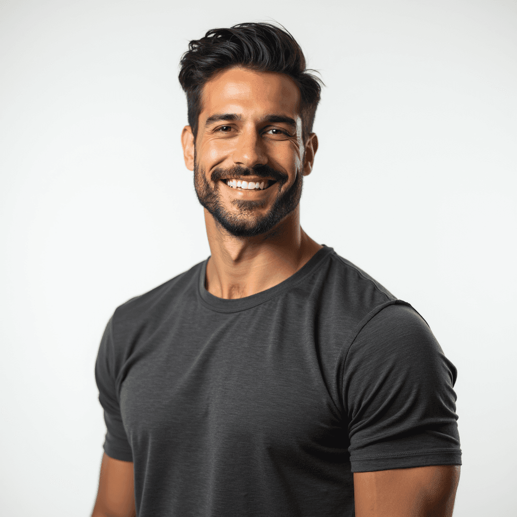 Male professional AI headshot wearing charcoal gray t-shirt
