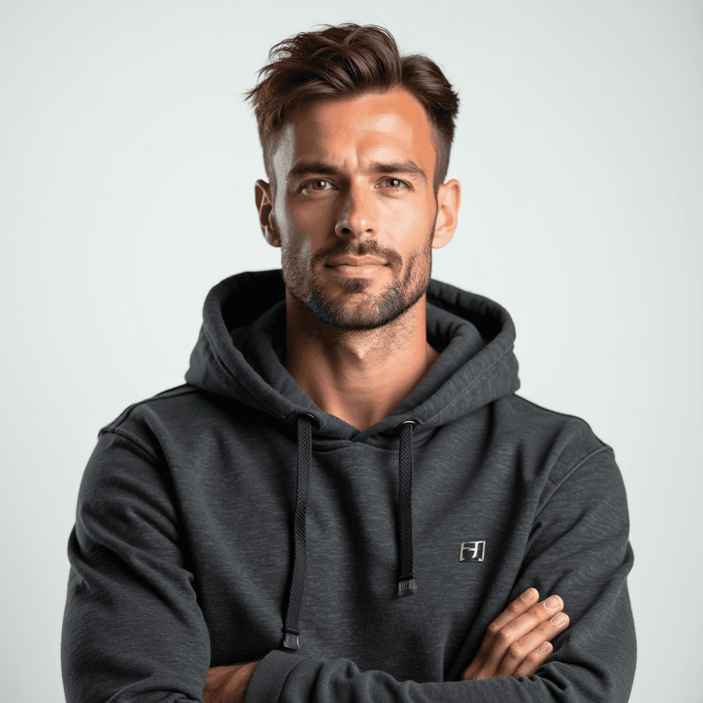 Male professional AI headshot wearing charcoal hoodie with no logos