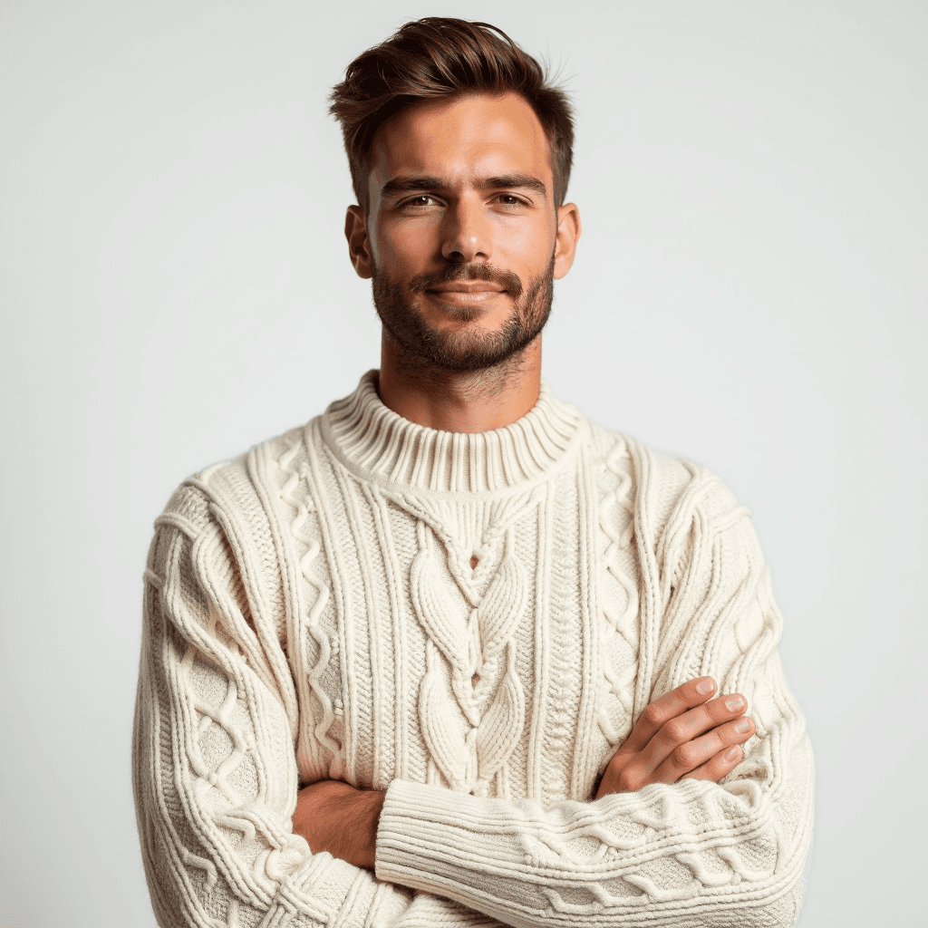 Male professional AI headshot wearing cream cable-knit sweater