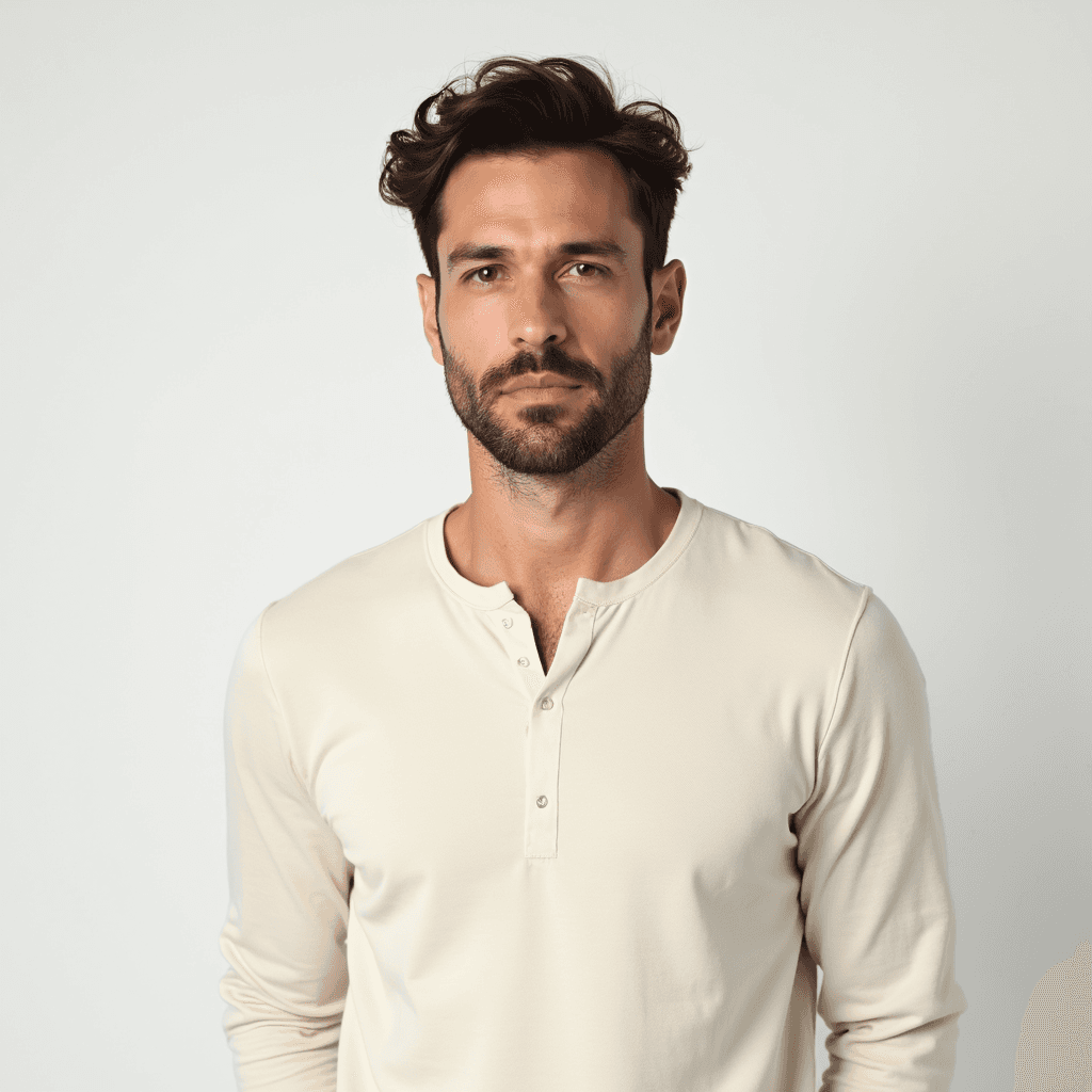 Male professional AI headshot wearing cream long-sleeve henley