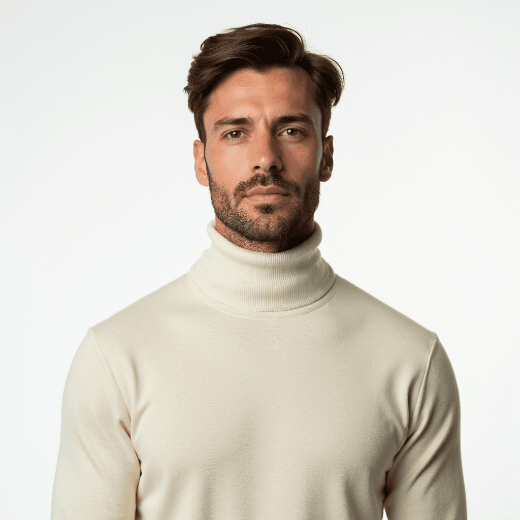 Male professional AI headshot wearing cream mock-neck sweater