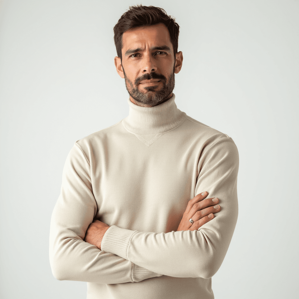 Male professional AI headshot wearing cream turtleneck sweater
