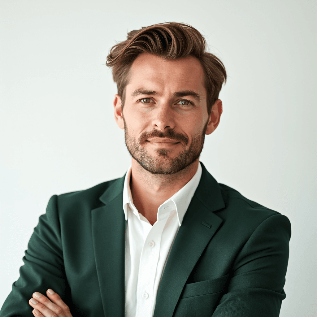 Male professional AI headshot wearing dark green blazer over white dress shirt