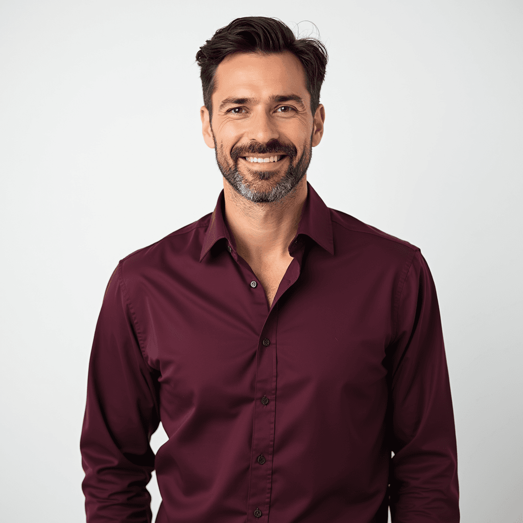 Male professional AI headshot wearing deep burgundy button-down dress shirt