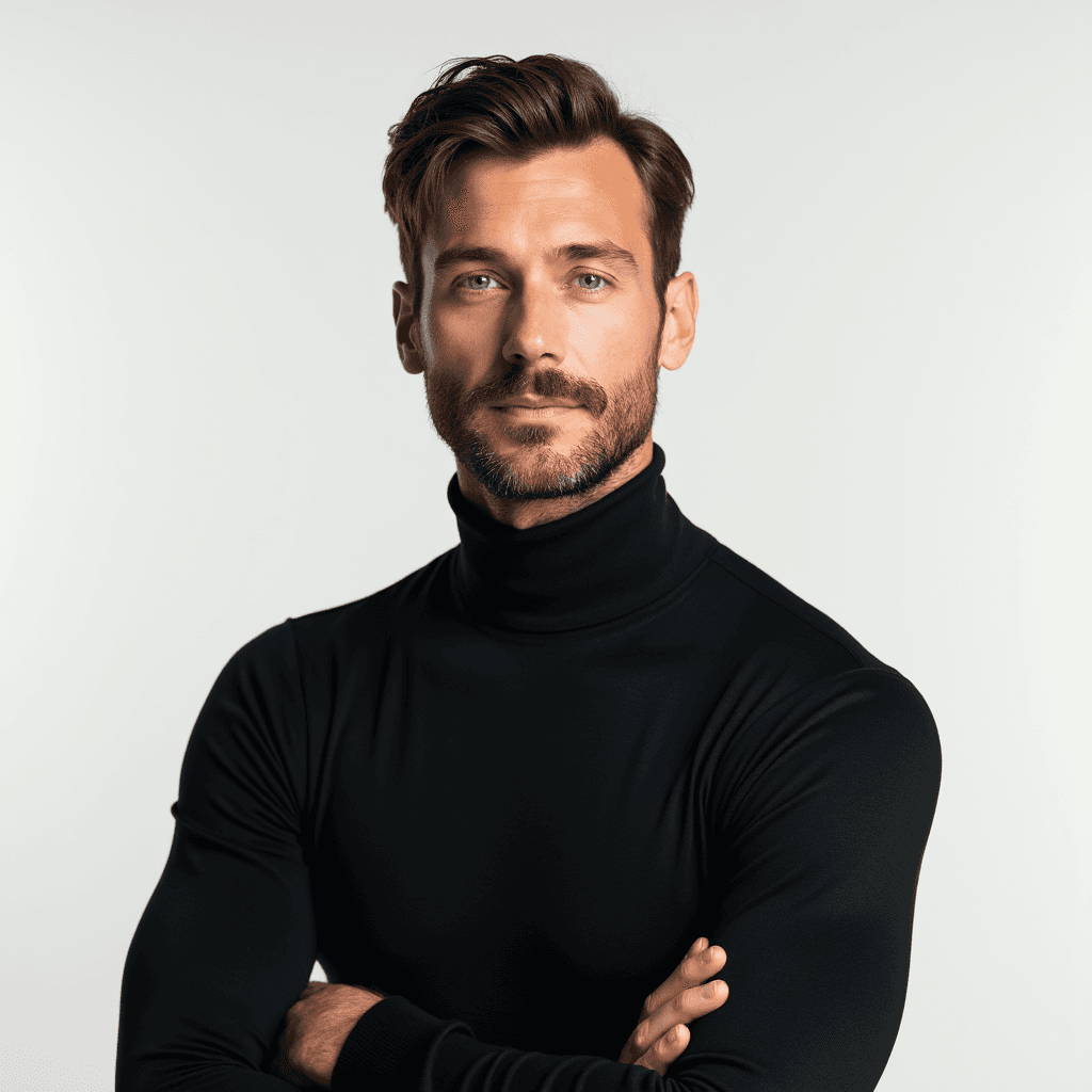 Male professional AI headshot wearing fitted black turtleneck