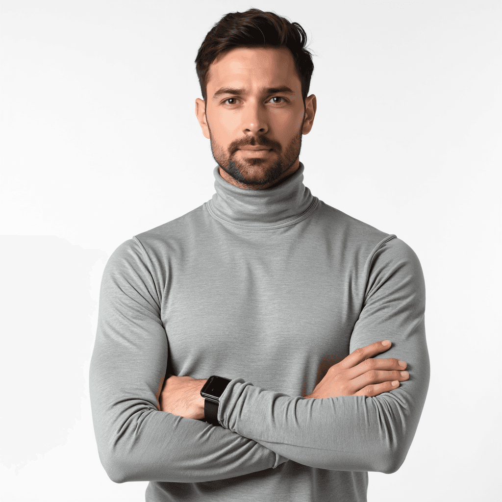 Male professional AI headshot wearing fitted light gray turtleneck