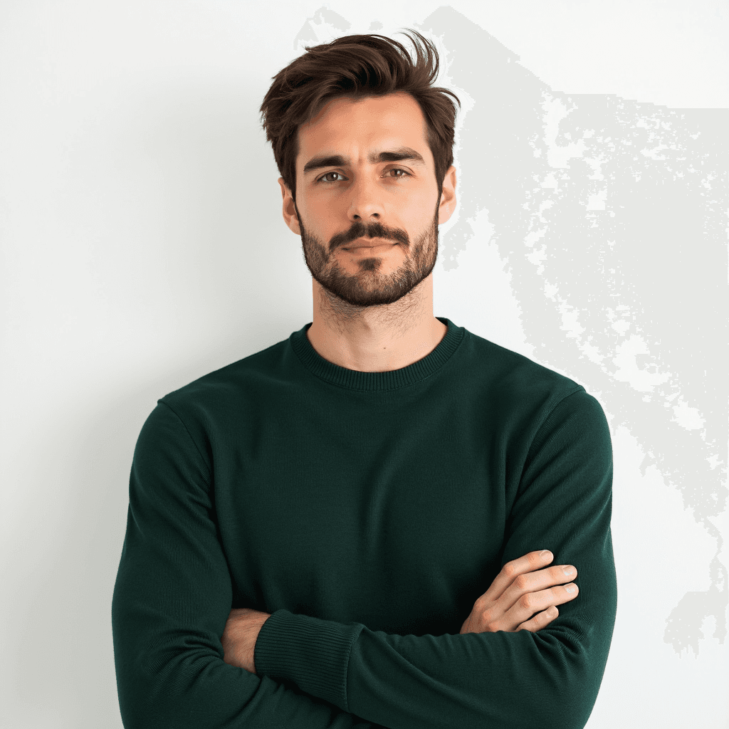 Male professional AI headshot wearing forest green crew-neck sweater