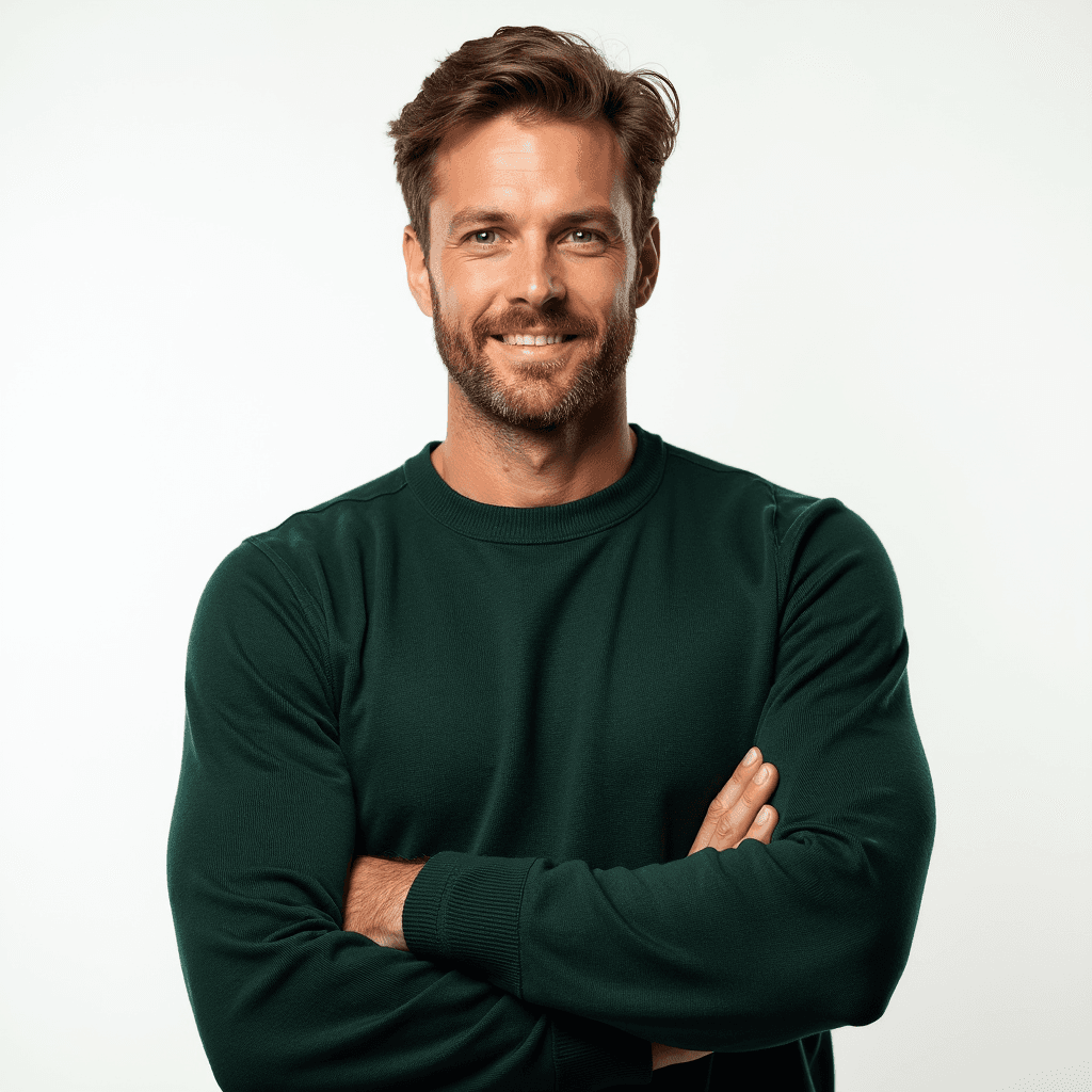 Male professional AI headshot wearing forest green knit pullover