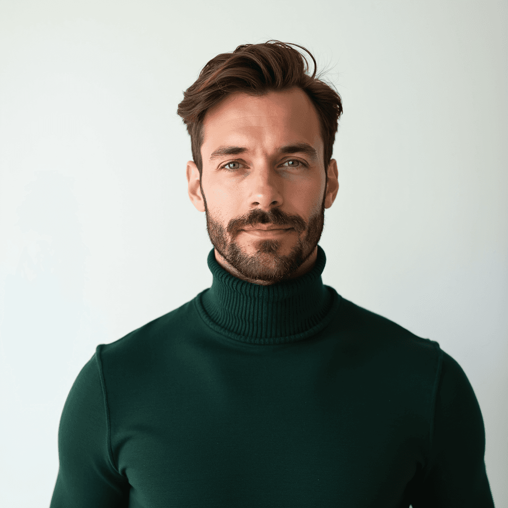 Male professional AI headshot wearing forest green mock-neck sweater