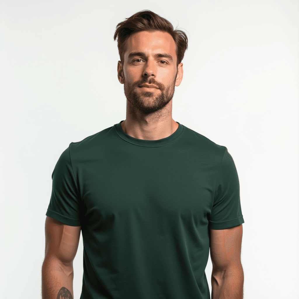 Male professional AI headshot wearing forest green t-shirt