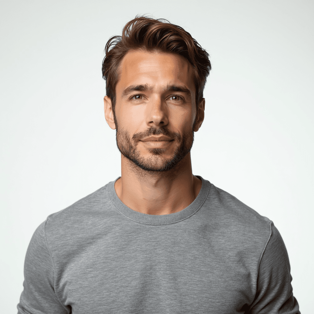 Male professional AI headshot wearing gray crew-neck pullover
