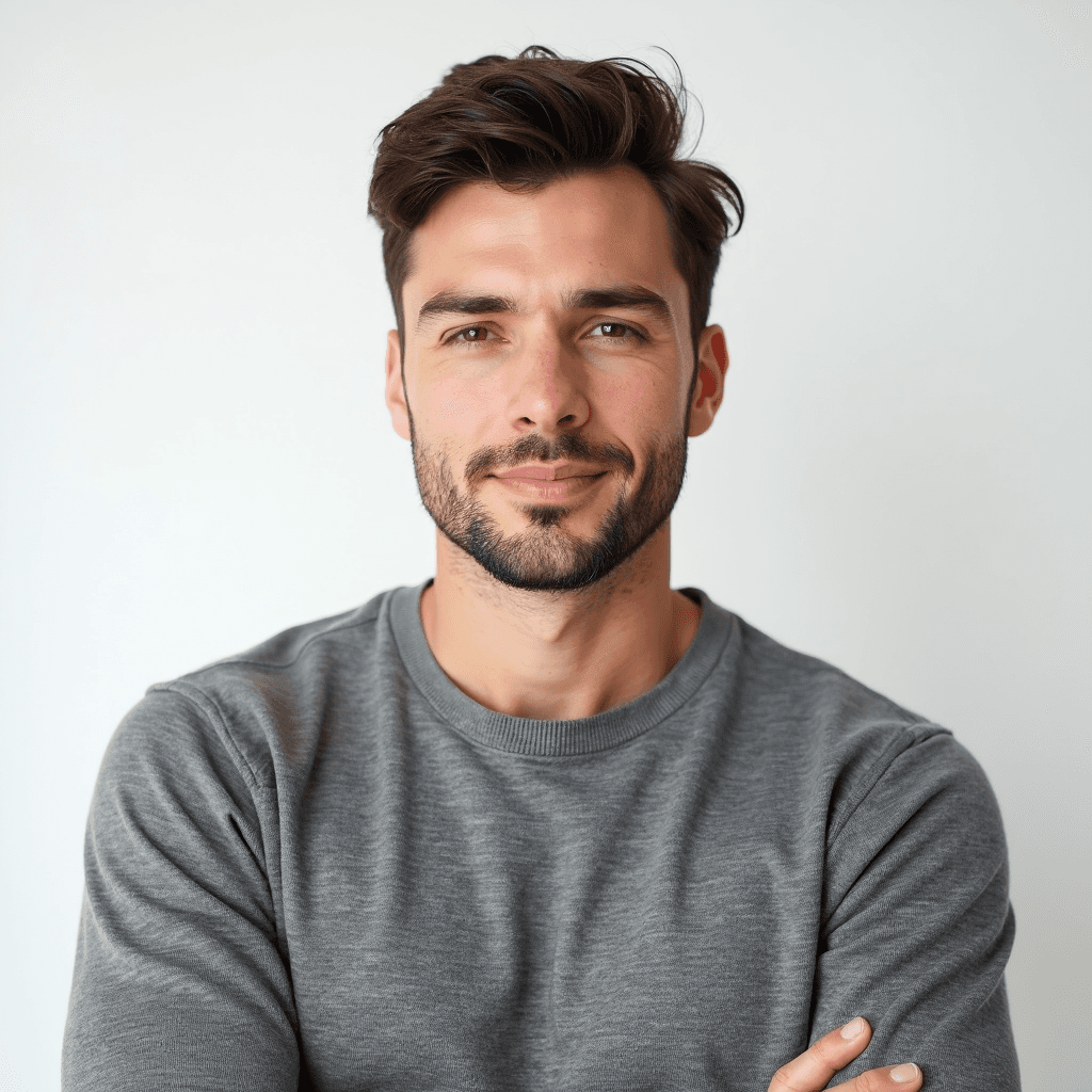 Male professional AI headshot wearing gray crew-neck sweater