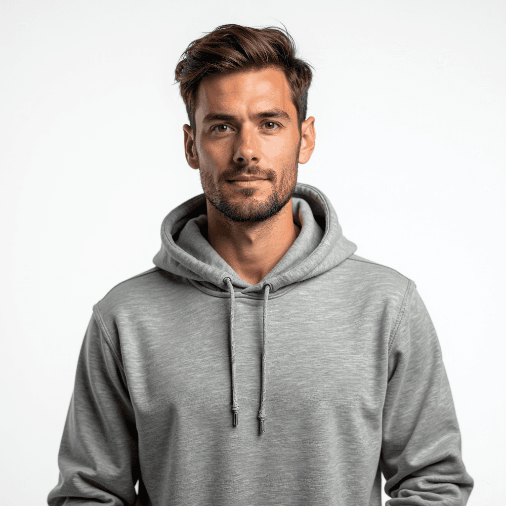 Male professional AI headshot wearing gray hoodie with minimal branding
