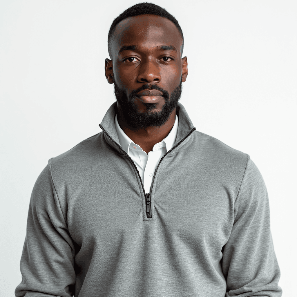 Male professional AI headshot wearing gray quarter-zip pullover over white dress shirt