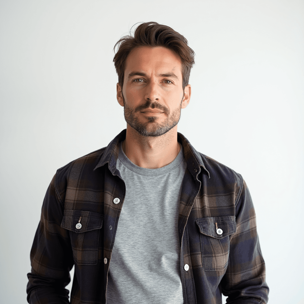 Male professional AI headshot wearing gray t-shirt under open flannel dress shirt
