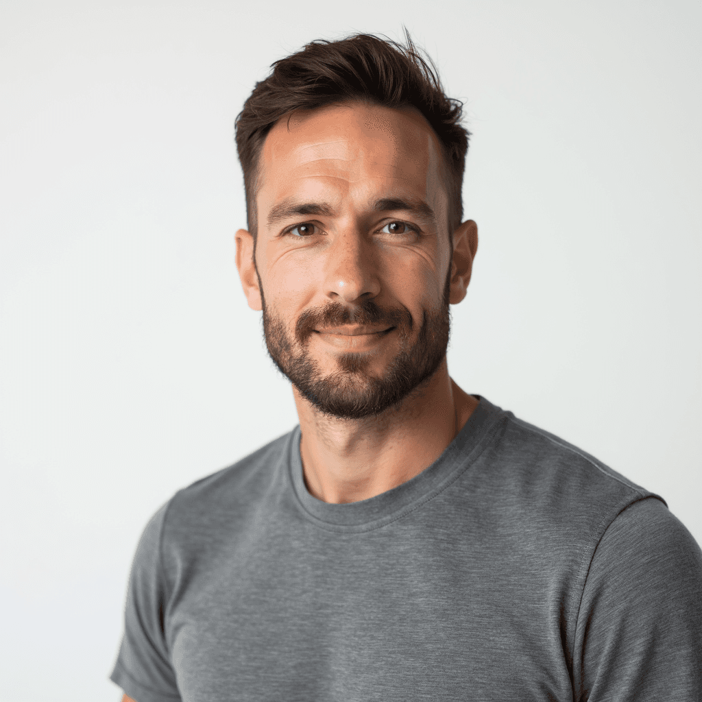 Male professional AI headshot wearing gray t-shirt