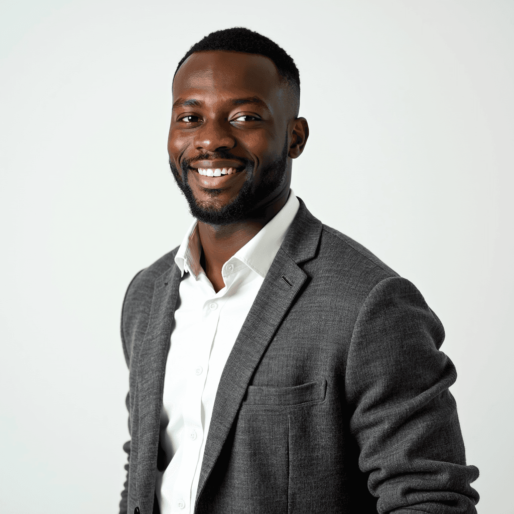 Male professional AI headshot wearing gray textured cardigan over white dress shirt