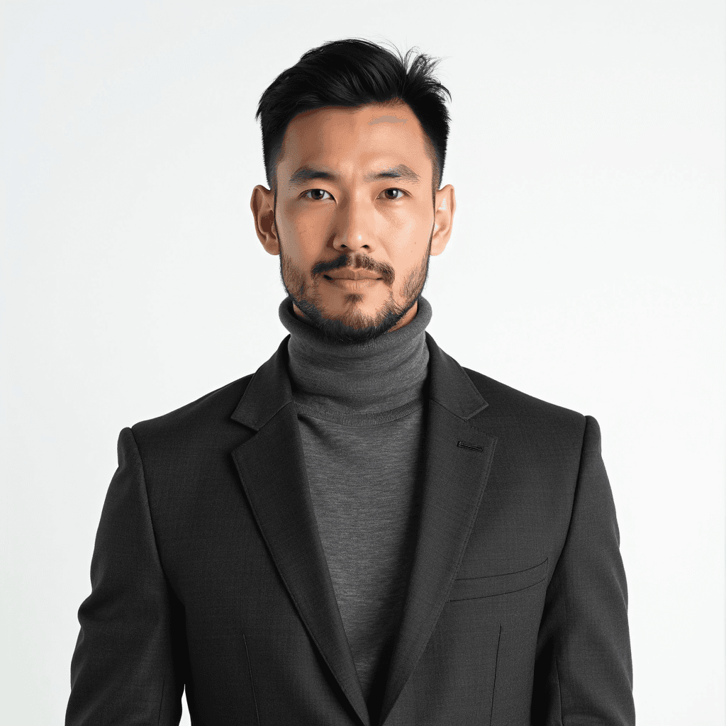 Male professional AI headshot wearing gray turtleneck under charcoal blazer