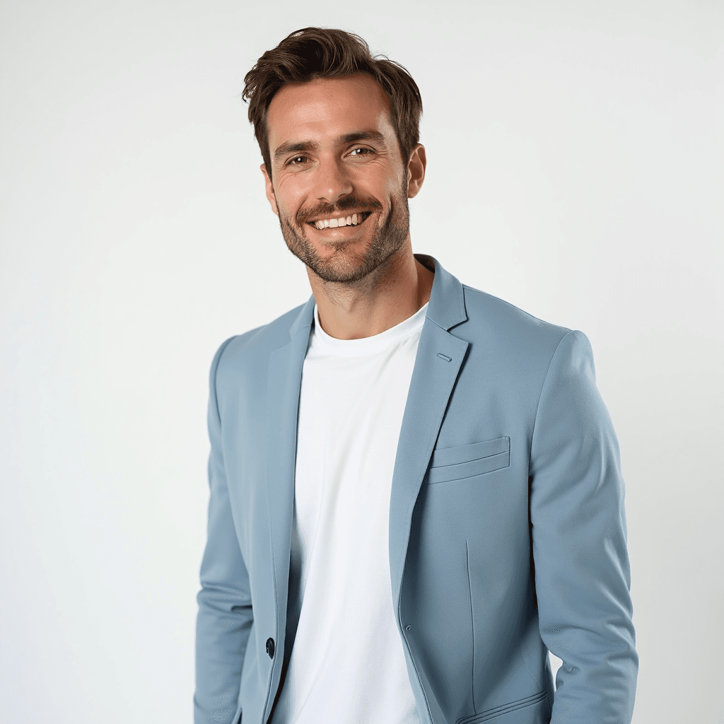 Male professional AI headshot wearing light blue casual blazer over white tee
