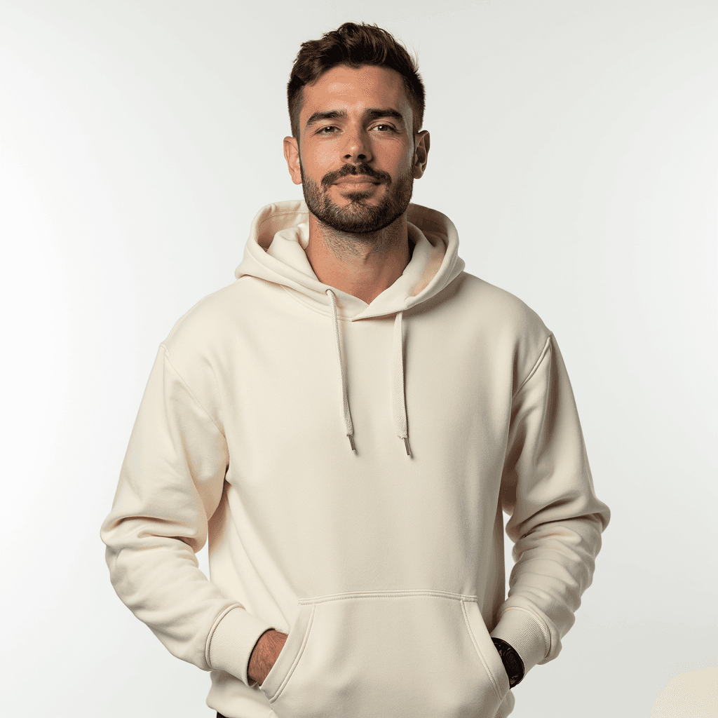 Male professional AI headshot wearing light cream hoodie