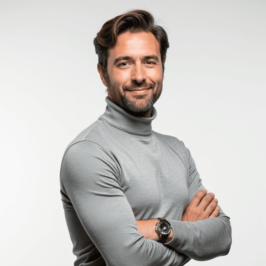 Male professional AI headshot wearing light gray ribbed turtleneck