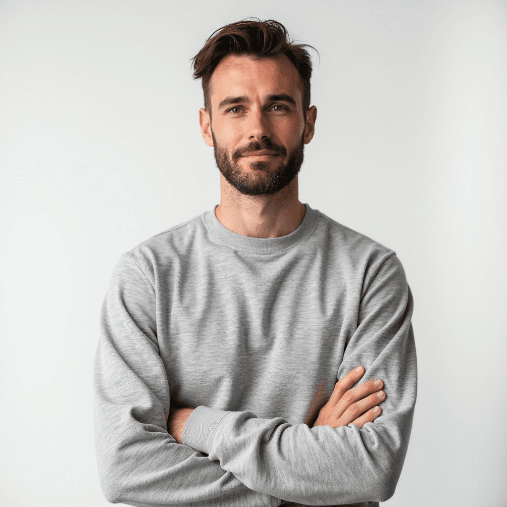 Male professional AI headshot wearing light gray textured sweatshirt