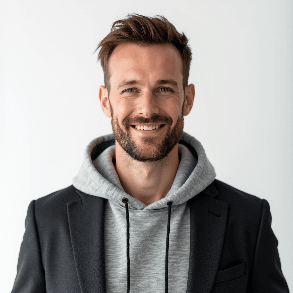 Male professional AI headshot wearing minimalist gray hoodie under blazer