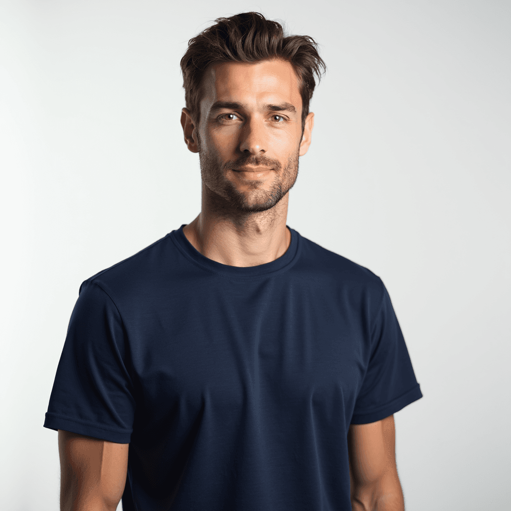 Male professional AI headshot wearing navy blue crew-neck t-shirt
