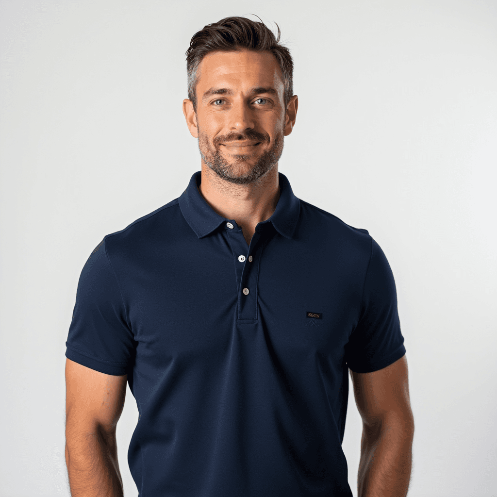 Male professional AI headshot wearing navy blue short-sleeve polo
