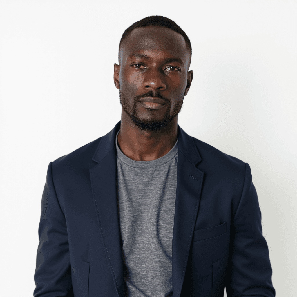Male professional AI headshot wearing navy casual blazer over gray tee