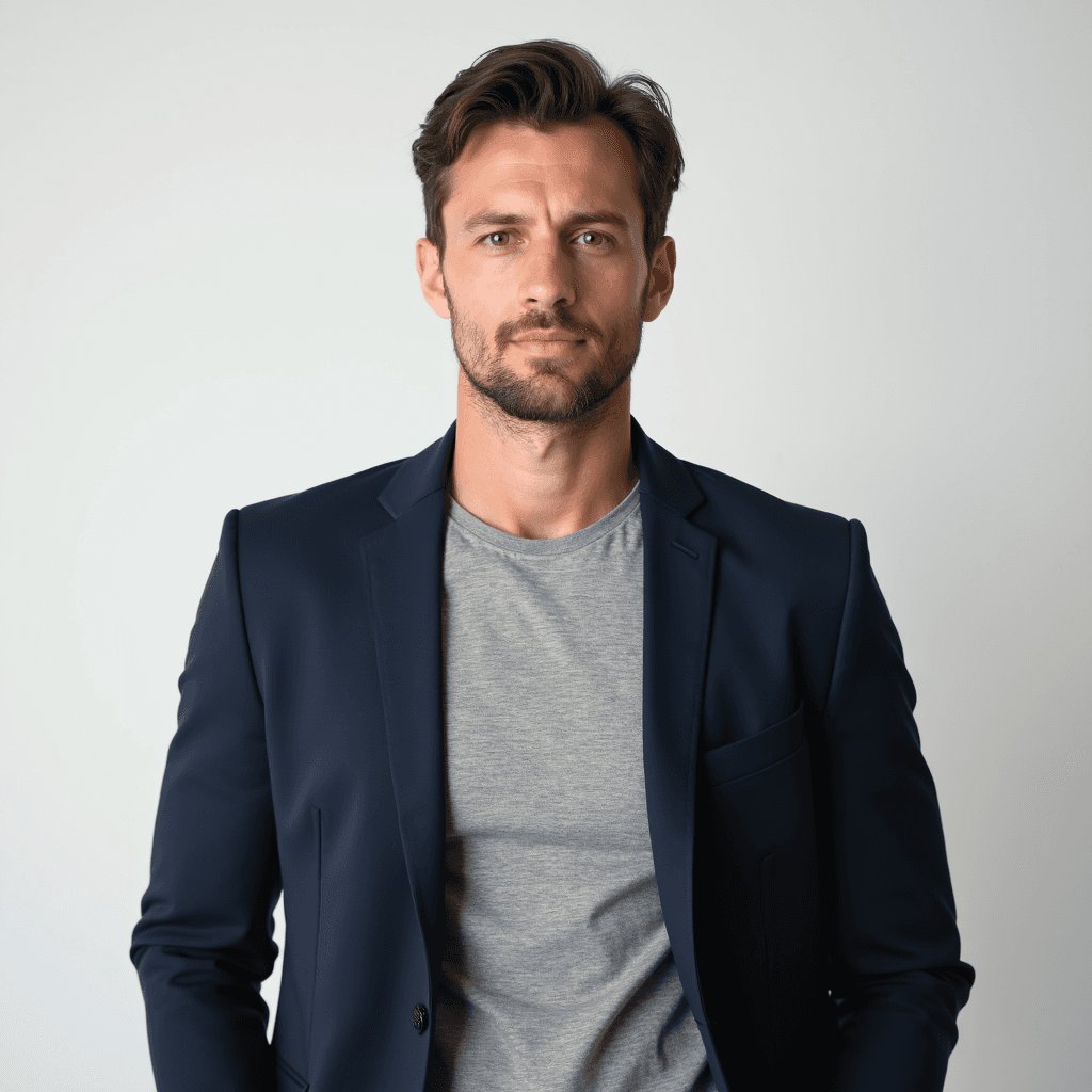 Male professional AI headshot wearing navy collarless blazer over gray tee