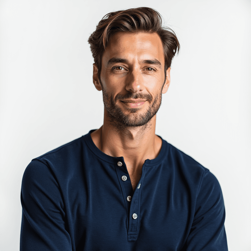 Male professional AI headshot wearing navy henley shirt