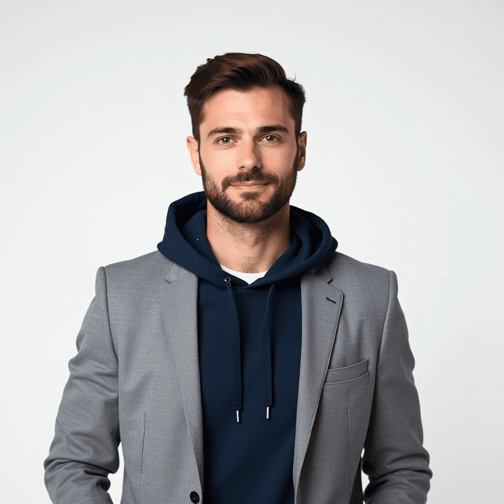 Male professional AI headshot wearing navy hoodie under light gray blazer