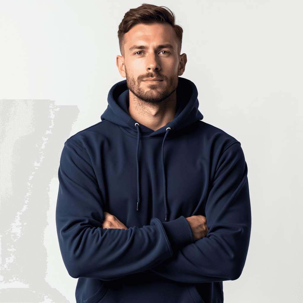 Male professional AI headshot wearing navy hoodie with clean design