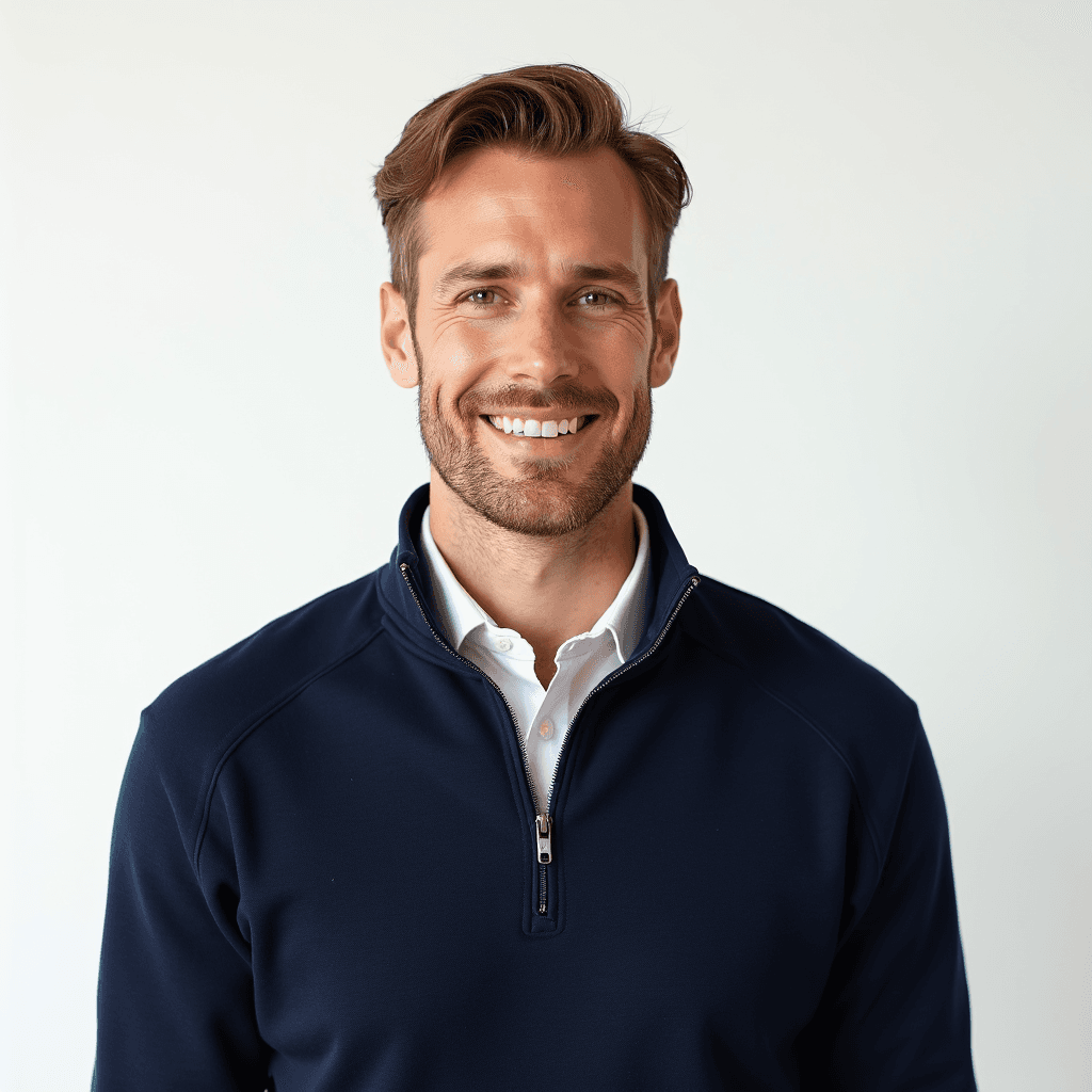Male professional AI headshot wearing navy quarter-zip pullover over white dress shirt