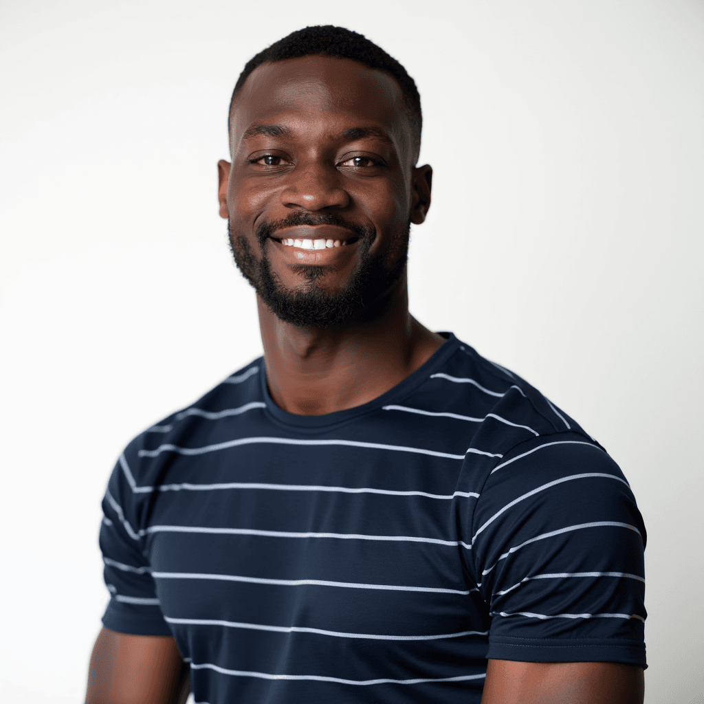 Male professional AI headshot wearing navy striped t-shirt