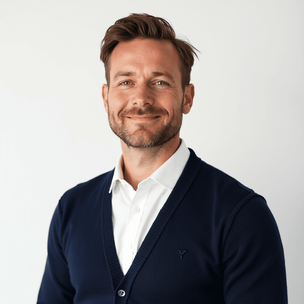 Male professional AI headshot wearing navy textured cardigan over white dress shirt