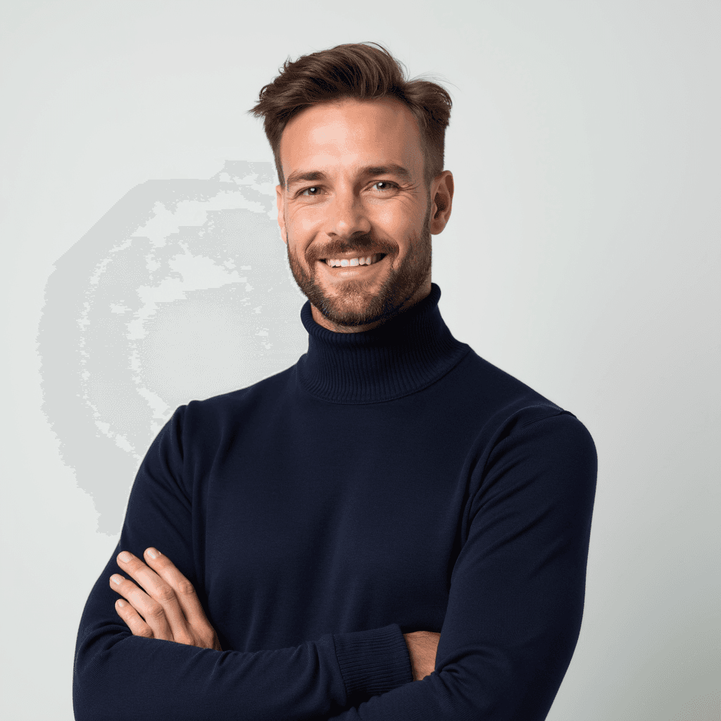 Male professional AI headshot wearing navy turtleneck sweater