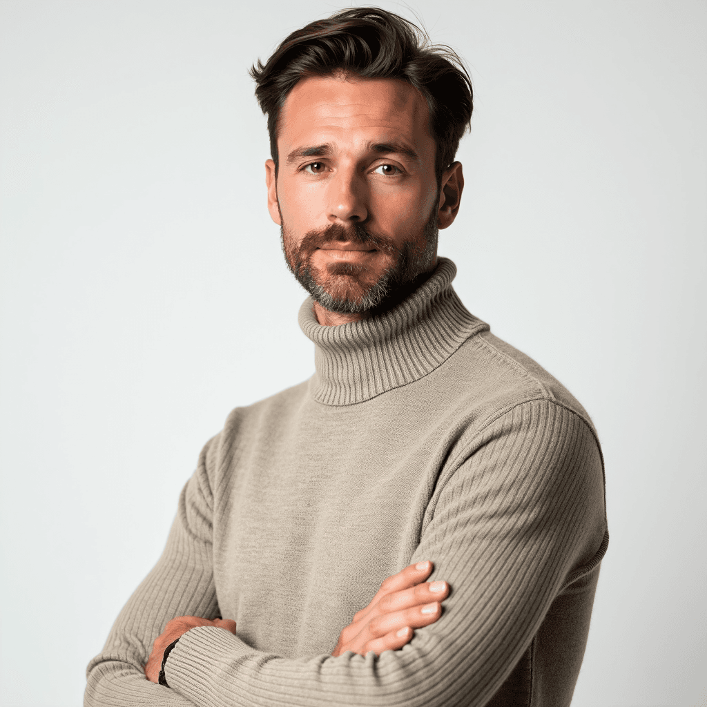 Male professional AI headshot wearing neutral high-neck knit sweater