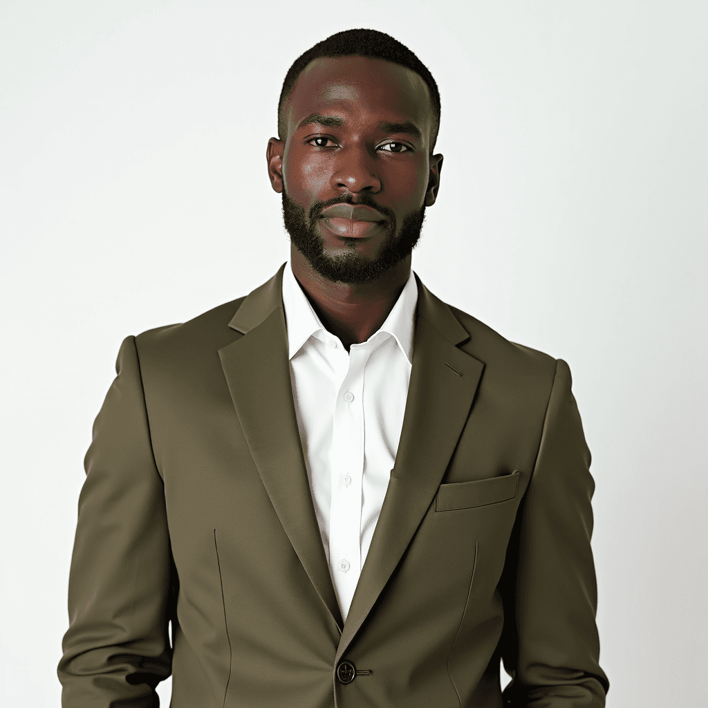 Male professional AI headshot wearing olive green blazer with white dress shirt