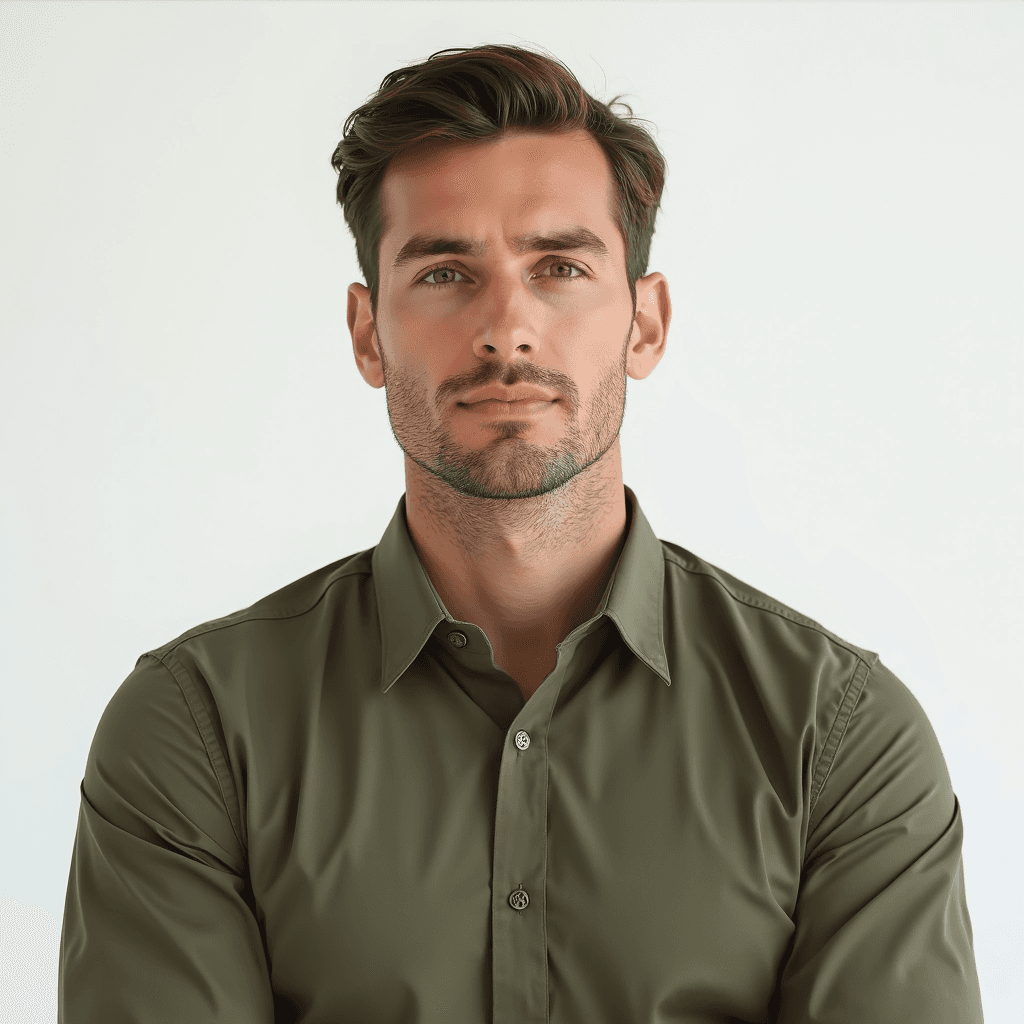 Male professional AI headshot wearing olive green button-down dress shirt