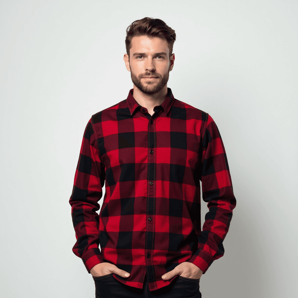 Male professional AI headshot wearing red and black flannel dress shirt