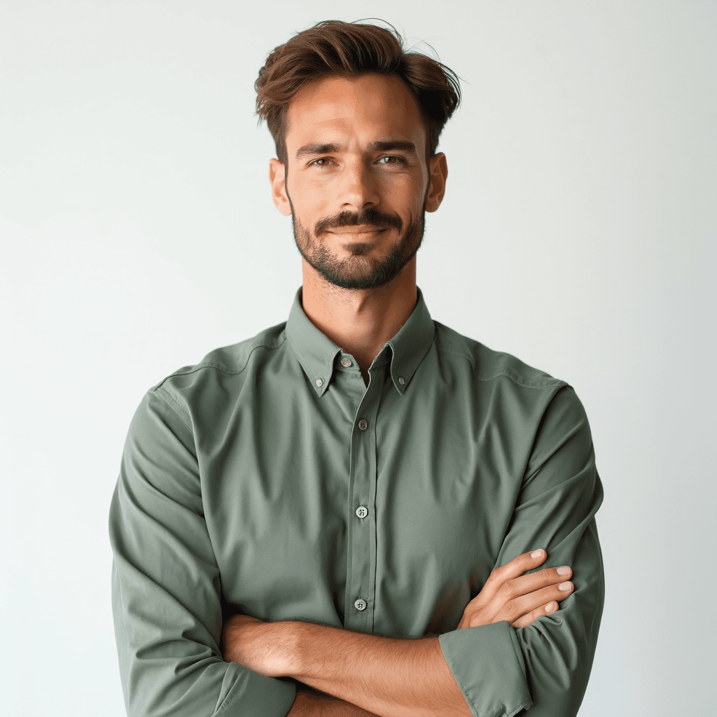 Male professional AI headshot wearing sage button-down dress shirt