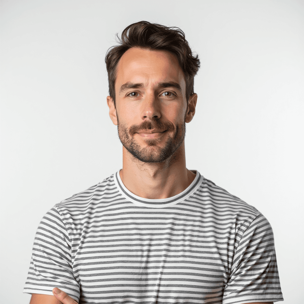 Male professional AI headshot wearing striped crew-neck t-shirt