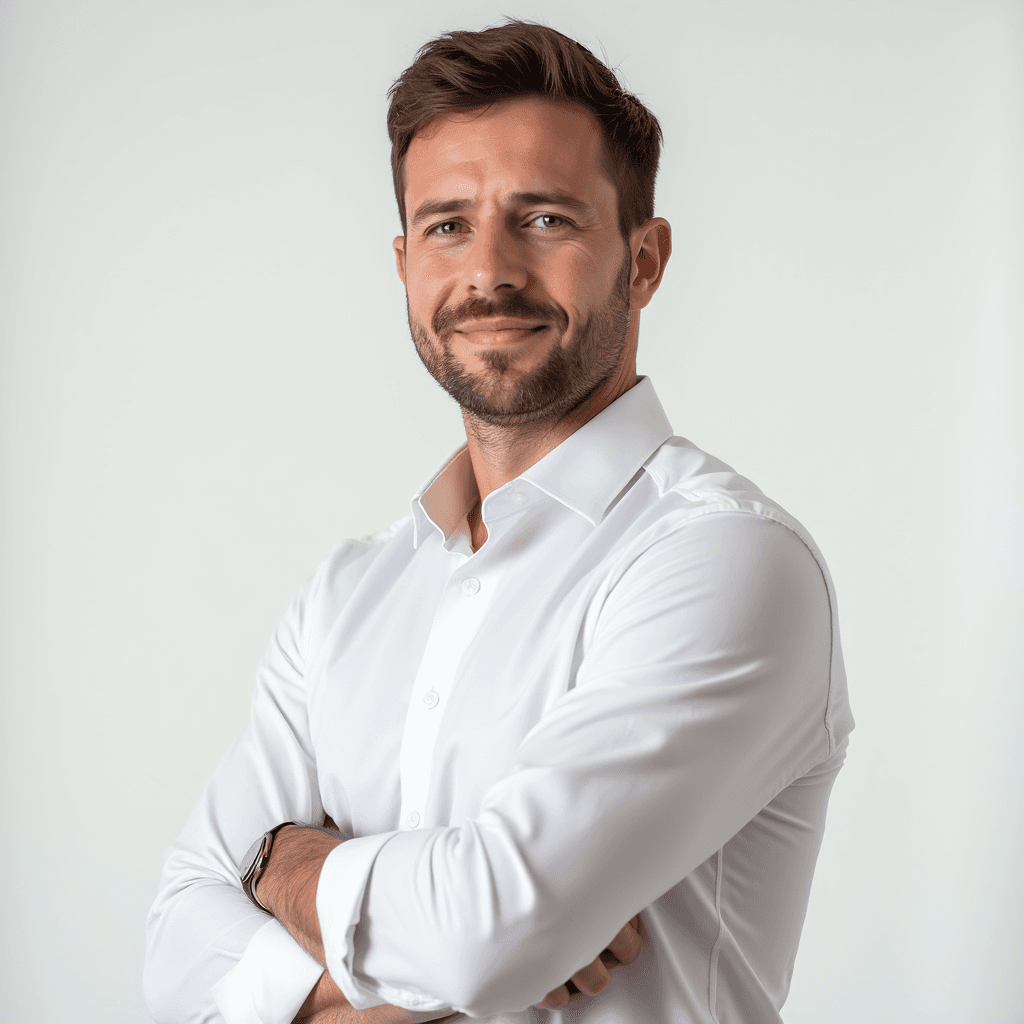 Male professional AI headshot wearing white dress shirt with rolled sleeves