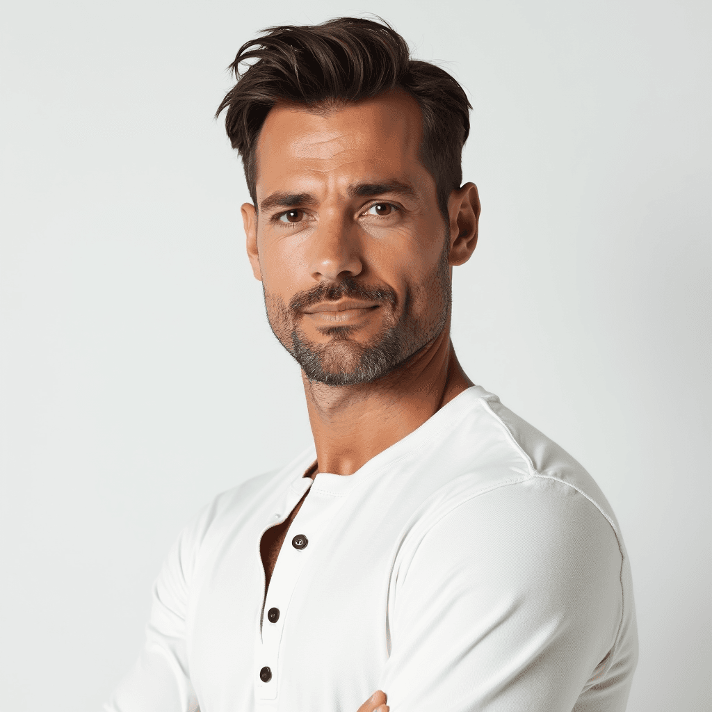 Male professional AI headshot wearing white henley shirt